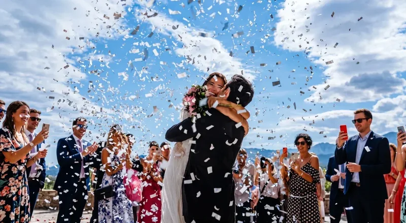 Lluvia de confeti de gran volumen sobre los novios en una boda
