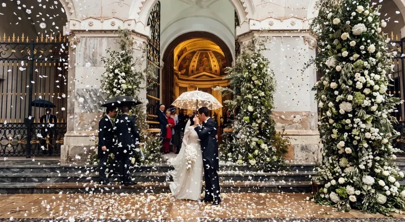 Lluvia de pétalos sobre los novios a la salida de la ceremonia