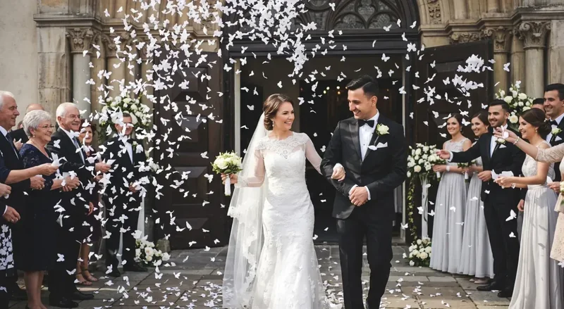 Lluvia de mariposas de papel a la salida de una boda