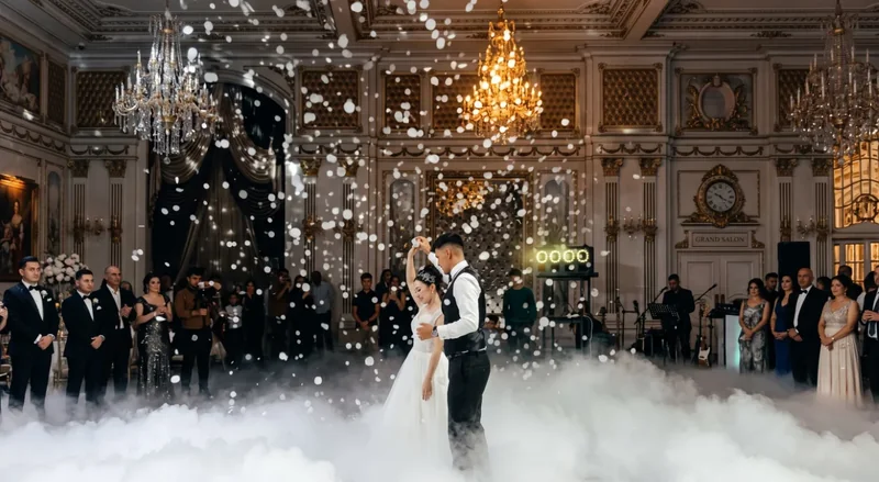 Salón de gala con capa de humo bajo cubriendo la pista mientras caen burbujas de humo durante el baile