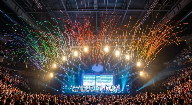 Arco de serpentinas de colores sobre el público en una arena