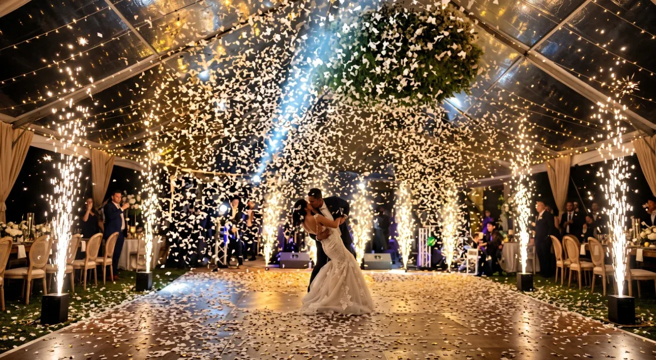 Bazuca de confeti cubriendo un salón completo de boda con pirotecnia fría