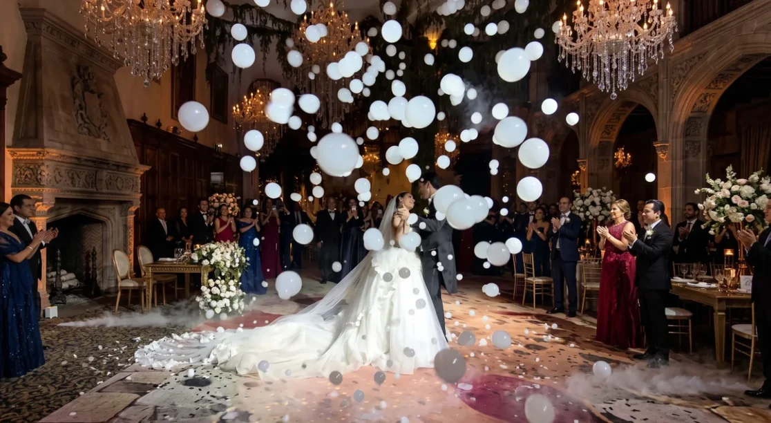 Novios bailando bajo una explosión de burbujas de humo en un salón con candelabros