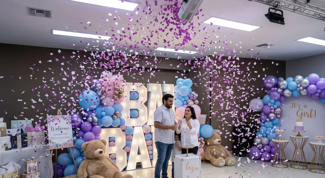 Cañón de confeti con confeti morado en un baby shower