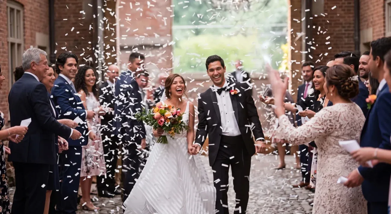 Invitados lanzando confeti a la salida de los novios en una boda