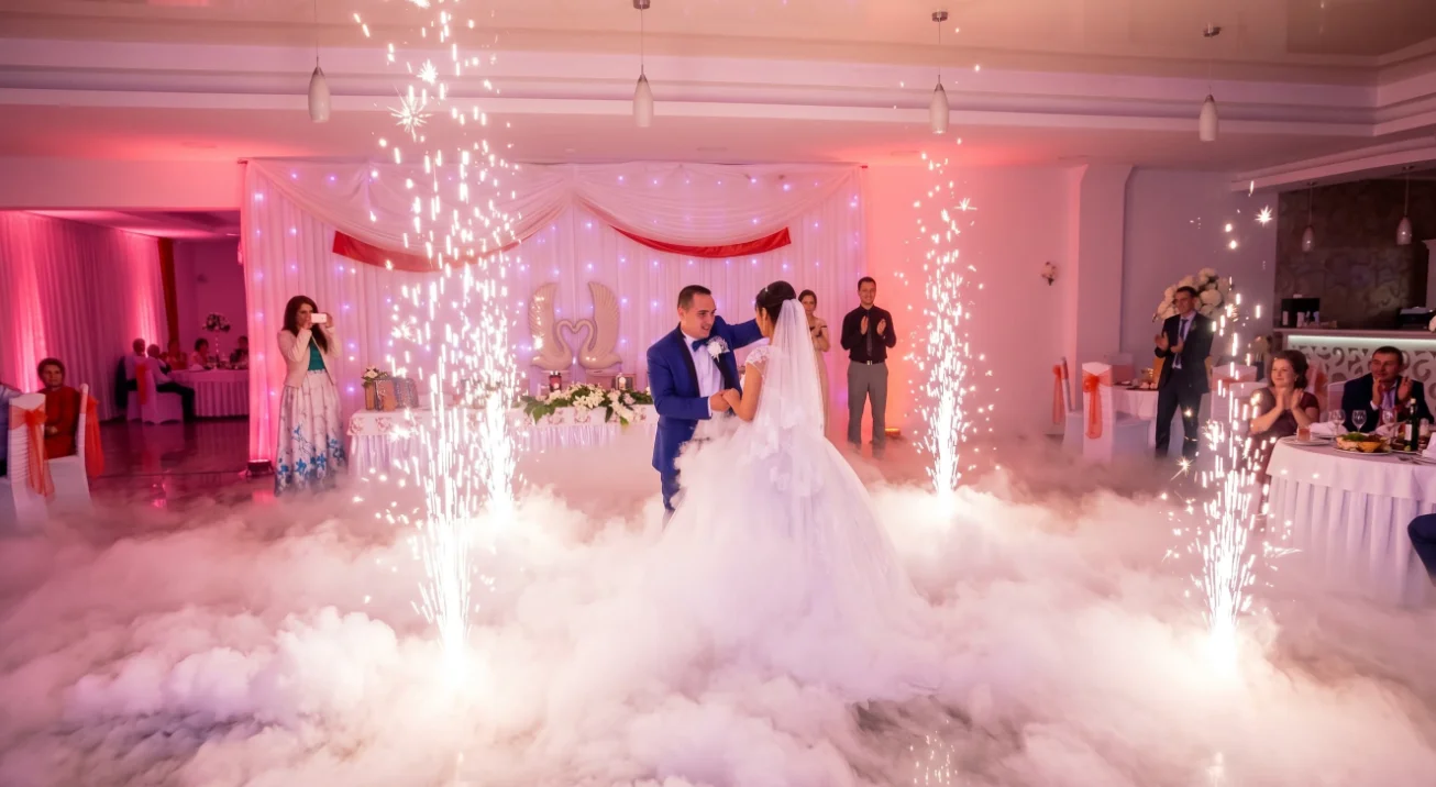 Novios bailando entre fuentes de chispa fría y humo bajo iluminado en tonos rosas durante la recepción