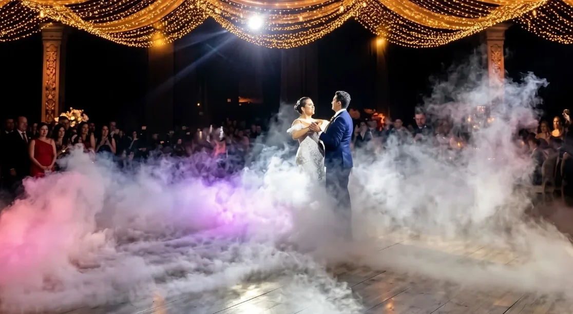 Novios bailando bajo luces cálidas colgantes, con el humo bajo elevándose iluminado en tonos morados y rosas