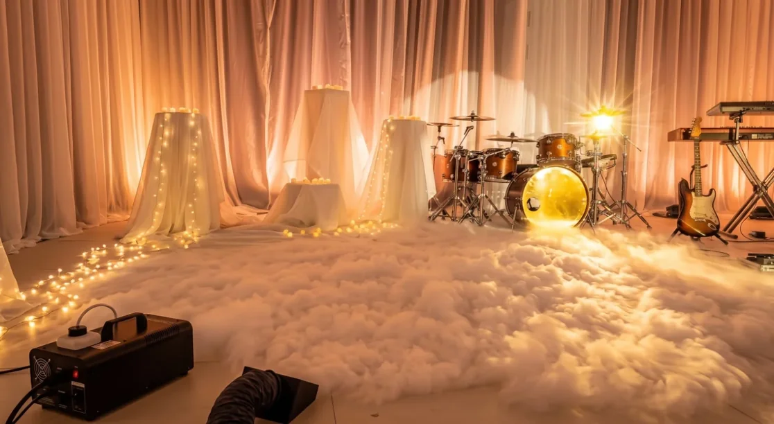 Escenario con banda en vivo cubierto por una densa capa de humo bajo generada por la máquina