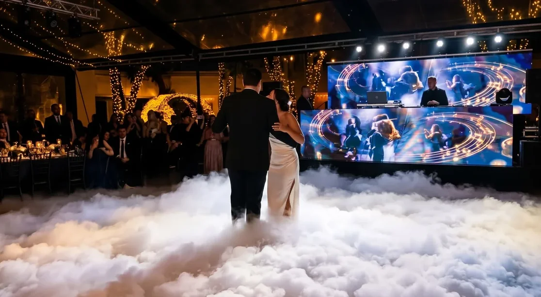 Novios de espaldas bailando frente al DJ, envueltos hasta las rodillas en la capa de humo bajo