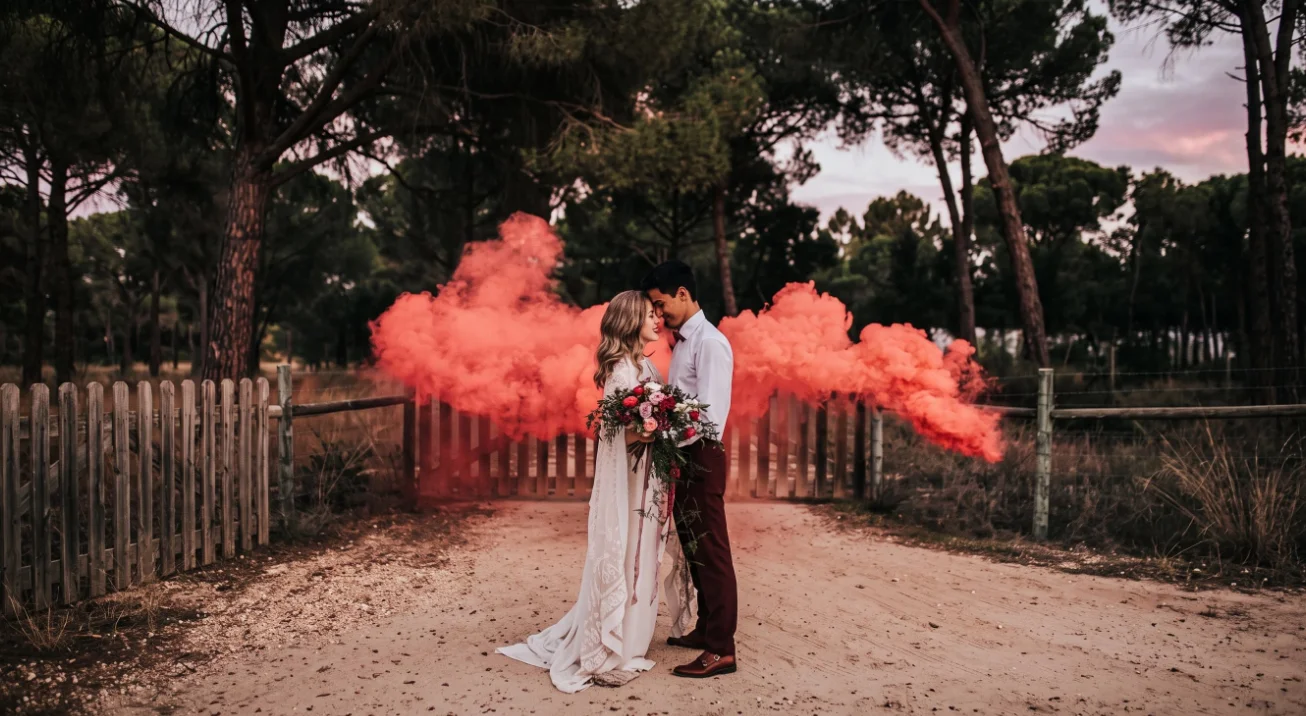 Sesión de fotos de boda al aire libre con bengalas de humo naranja intenso detrás de los novios