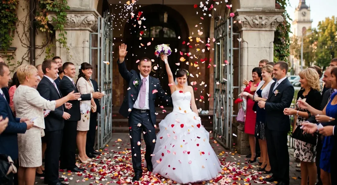 Lluvia de pétalos de colores sobre los novios y los invitados