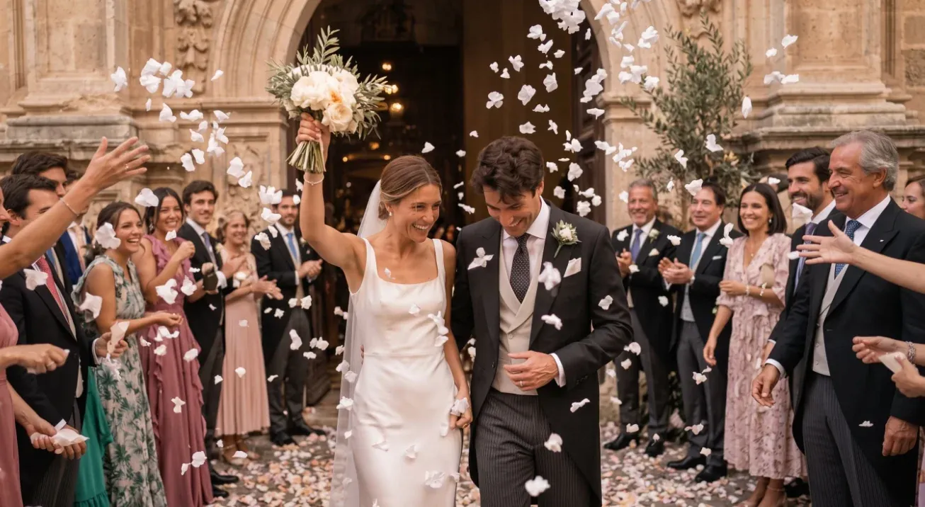 Novios saliendo de una iglesia entre invitados que lanzan pétalos blancos