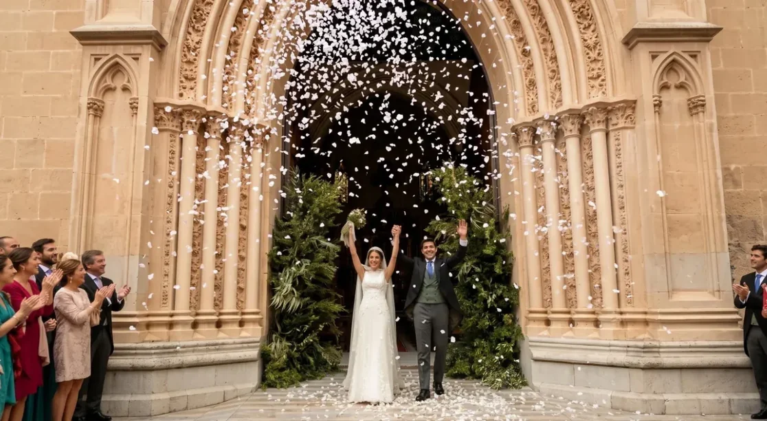 Novios celebrando la salida de la iglesia bajo una lluvia de pétalos