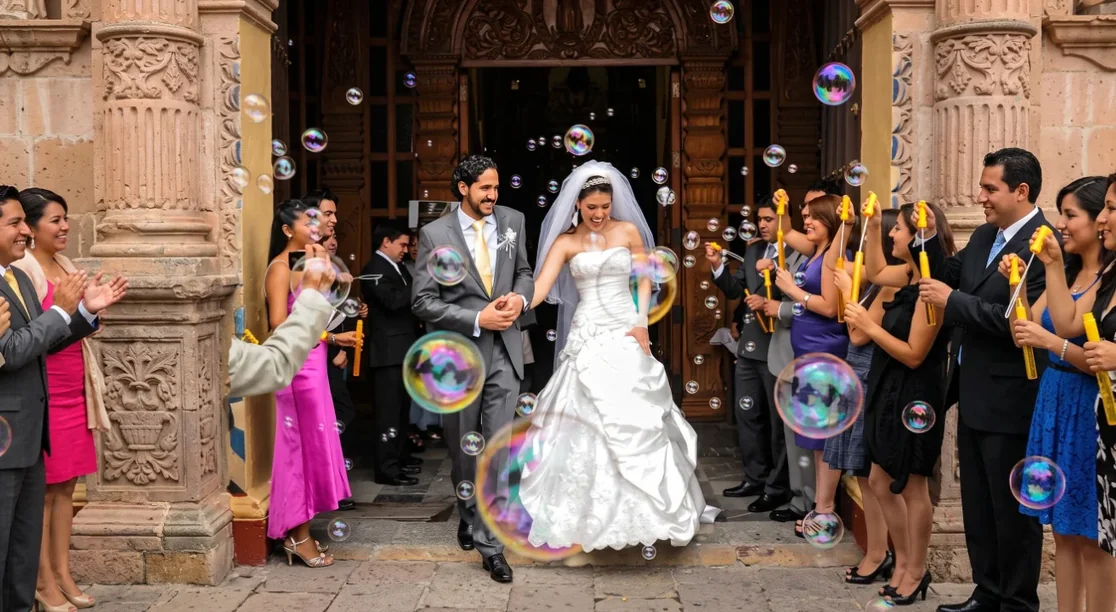 Novios saliendo de una iglesia colonial entre una pared de burbujas sopladas por los invitados