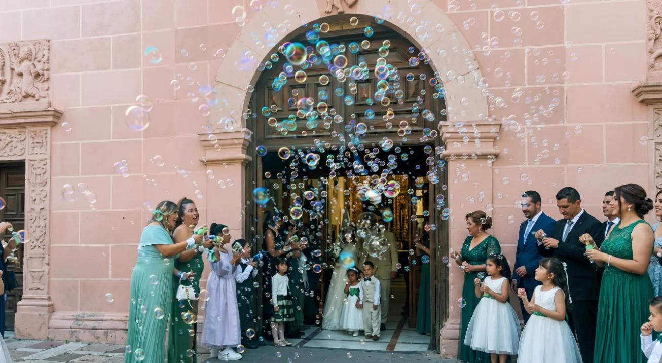 Invitados, incluidas niñas de las flores, soplando una cortina de burbujas a la salida de la iglesia