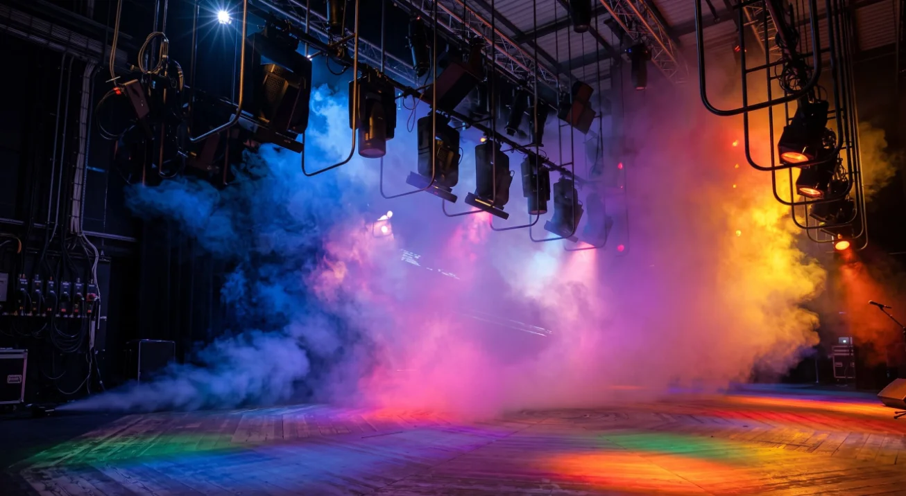 Escenario vacío con rig de luces profesionales y niebla llenando el aire en tonos azul, morado y naranja