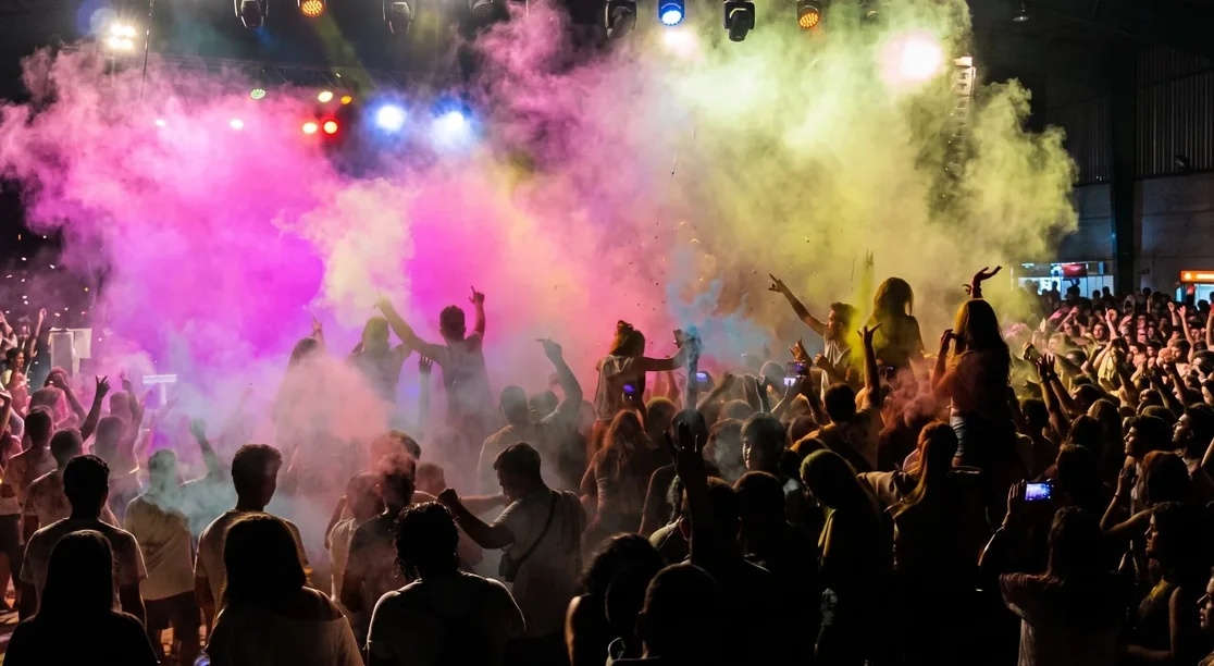 Multitud en un concierto envuelta en niebla iluminada de colores rosa, amarillo y azul