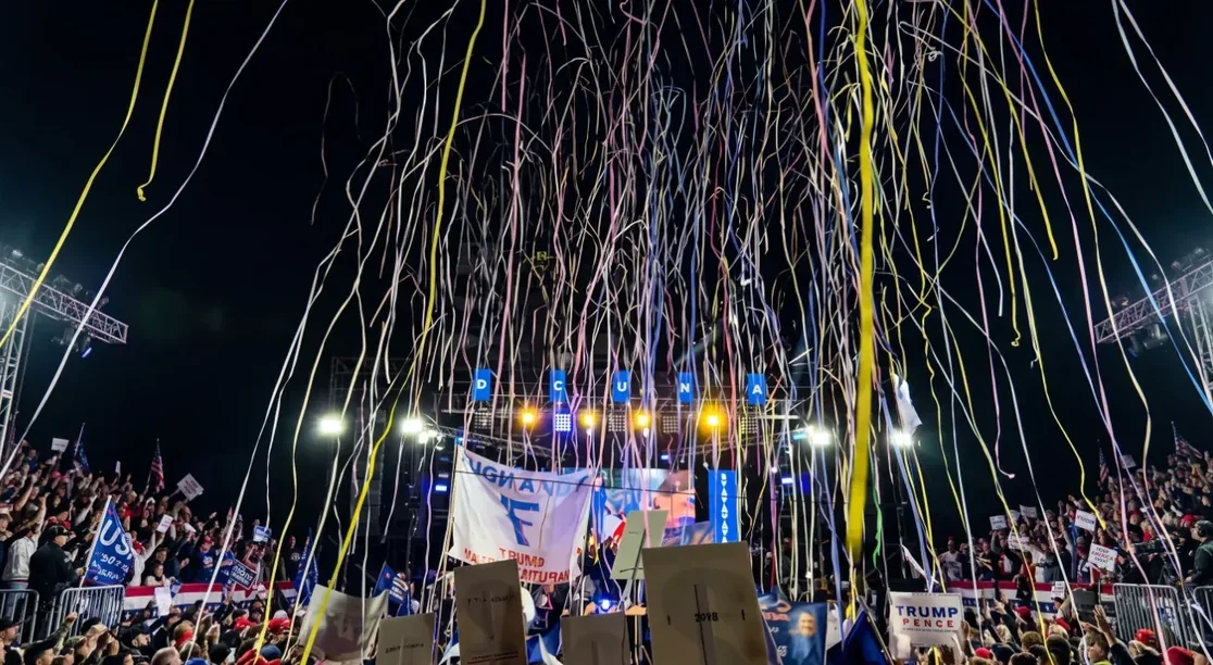 Lluvia de serpentinas de colores sobre una multitud en un evento masivo