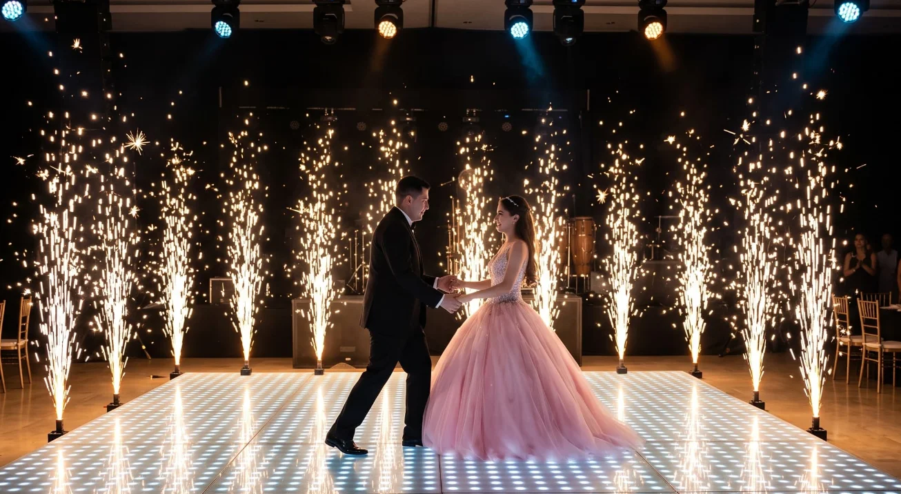 Vals de XV años sobre una pista LED con doble hilera de fuentes de chispa fría